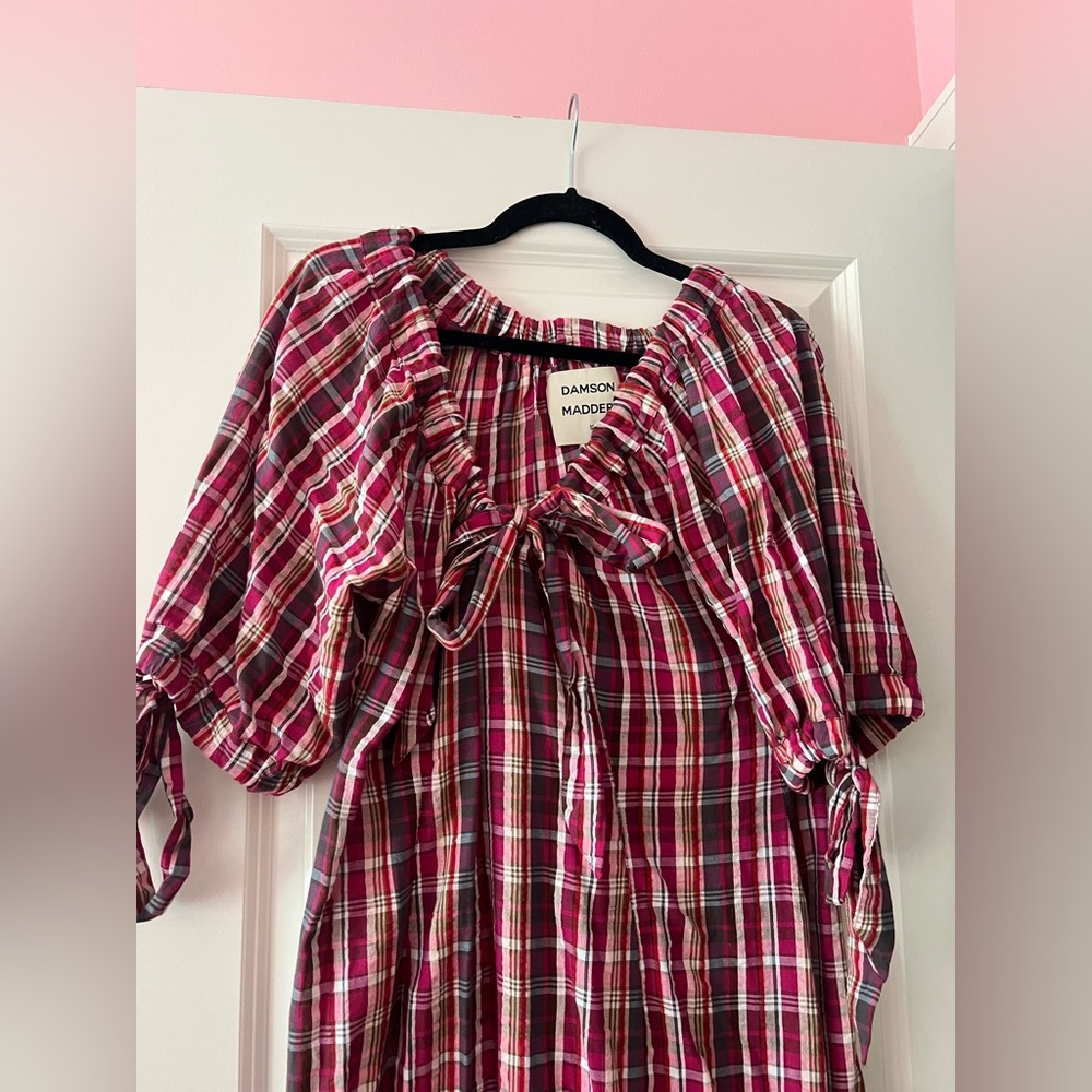 Damson Madder Cassandra Bow Midi Dress size UK 12/ US 8 plaid puff bow sleeves - Picture 4 of 6